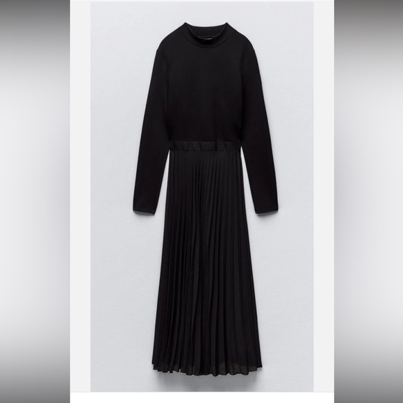 NWT Zara Black Long Sleeve Pleated Dress - Picture 6 of 8
